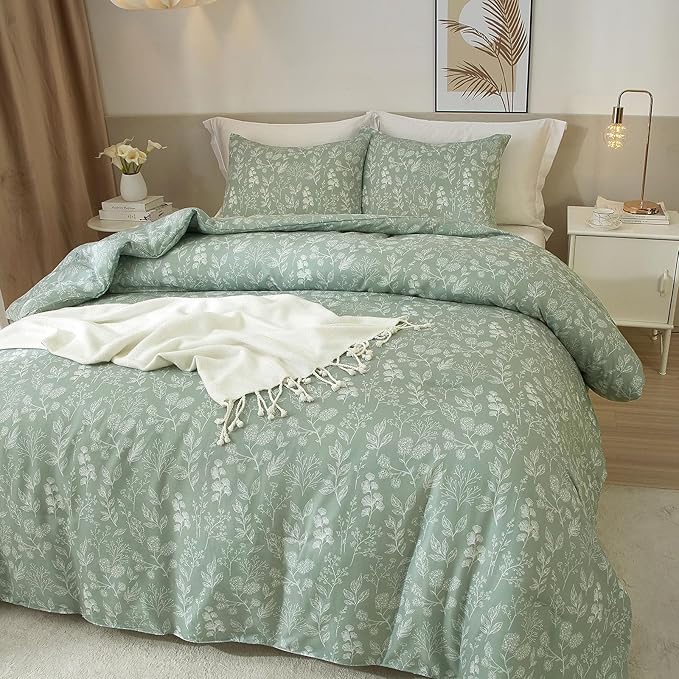 Duvet Cover Queen Size Green Floral Bedding Set Queen Soft Cotton for Girl Garden Style Vintage Floral Comforter Cover with 2 Pillowcases 3 Piece Aesthetic Botanical Queen Bedding Duvet Cover Set