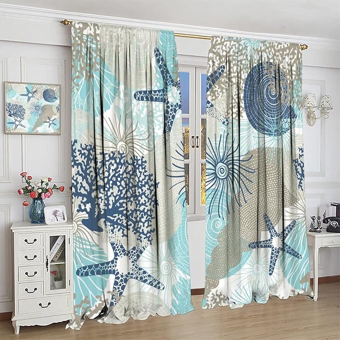 Coastal Curtains Ocean Beach Themed Room Darkening Window Curtain Nautical Coral Blackout Curtain for Bedroom Living Room Bathroom Nursery Set 2 Panels,63x63 Inches