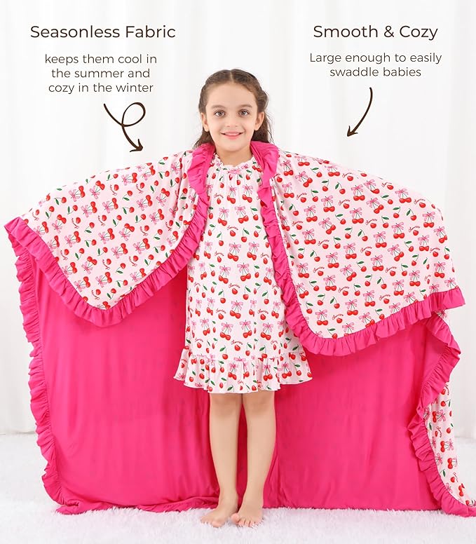 Premium Baby Blankets, Soft Viscose from Bamboo Blanket for Girls, Nursery Crib Bedding Quilt for Newborn and Toddler, Ruffle Blanket Cooling for Hot Sleepers, 50''x50'' Sweet Cherries