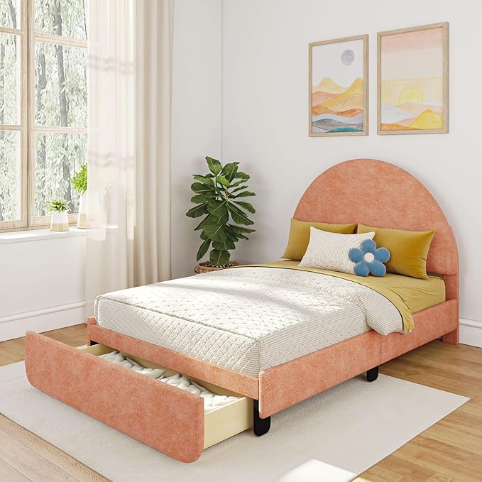 Max & Lily Upholstered Full Bed Frame with Arch Headboard with 1 Drawer End Storage, Upholstered Platform Bed for Kids, No Box Spring Needed, Easy Assembly, Dusty Rose