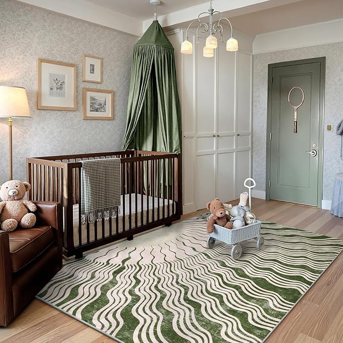 Boho Washable Rugs 5x7, Sun Print Soft Green Rug for Bedroom Ultra-Thin Nursery Rug Non Slip, Stain Resistant Living Room Carpet for Dining Room Classroom(5'x 7',Green/Multi)