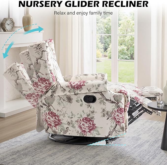 UIXE Swivel Glider Recliner Chair for Adults, High Back Nursery Rocker Floral Upholstered Armchair for Living Room, Manual Reclining Rivet Trim Sofa Lounge with Deep Seat in Fabric - Beige