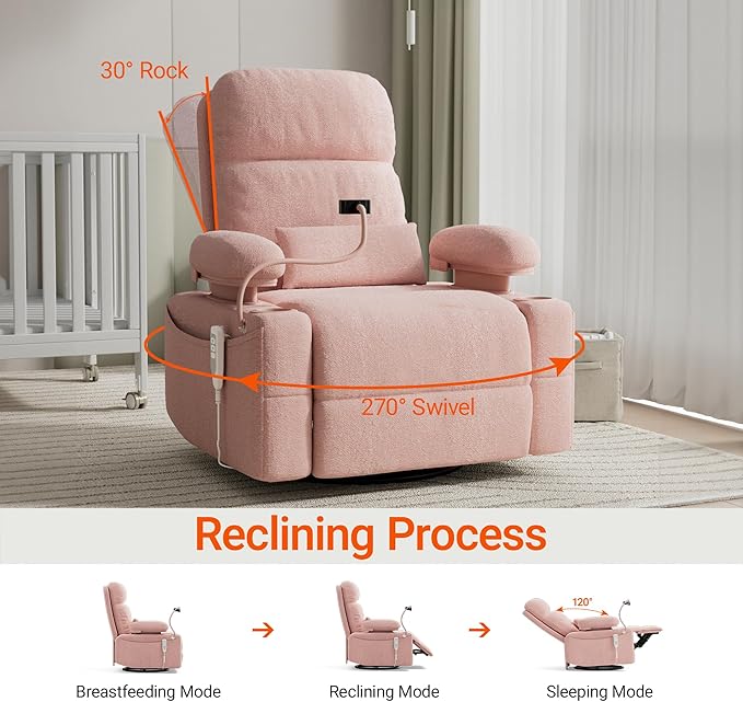 MAMAZING Oversized Electric Nursery Rocking Chair with Adjustable Armrests, Power Recliner Glider Nursing Chair for Breastfeeding, USB & Type-C Ports, Phone Holder, Oeko-TEX & FSC Certified(Pink)