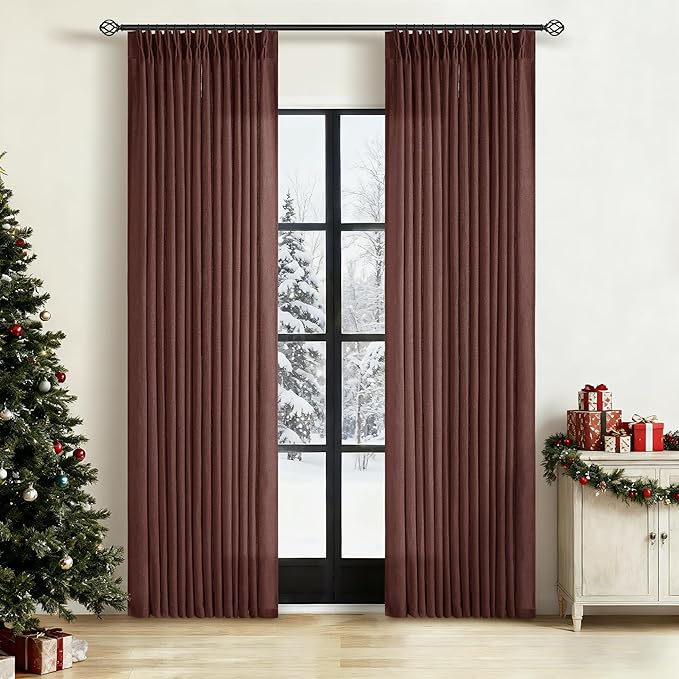Dark Terracotta 80 Inch Pinch Pleated Linen Curtains 2 Panel Set for Living Room Thick Linen Drapes 80 Inches Long Pinch Pleat Drapes Semi Sheer Curtain for Dining Bedroom Office Maroon Red Brown
