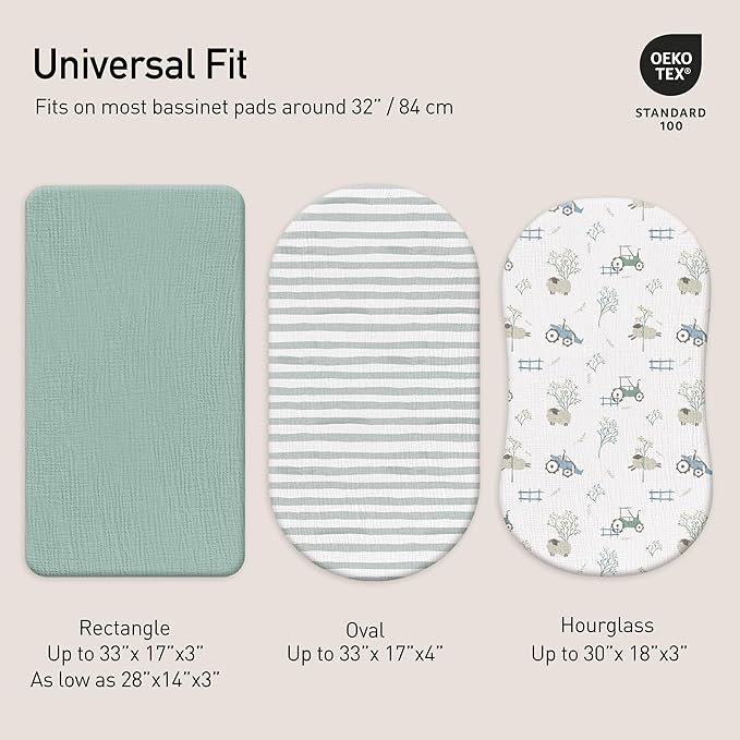 Gllquen Baby Muslin Bassinet Sheets 3 Pack, Breathable Elastic Cozy Fitted Cotton Bassinet Mattress Sheet for Baby Boy Girls, Fit for Hourglass Oval Rectangular Cradle Pad Sheets 33"x17" (Car)