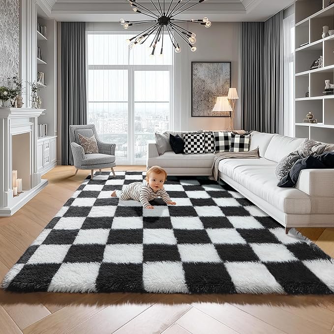 KICMOR Rugs for Living Room, 5x8 Area Rug Black and White Fluffy Shag Soft Checkered Rug Large Fuzzy Plush Furry Shaggy Carpet for Bedroom, Kids Boys Girls Teen Dorm Nursery Home Decor Aesthetic