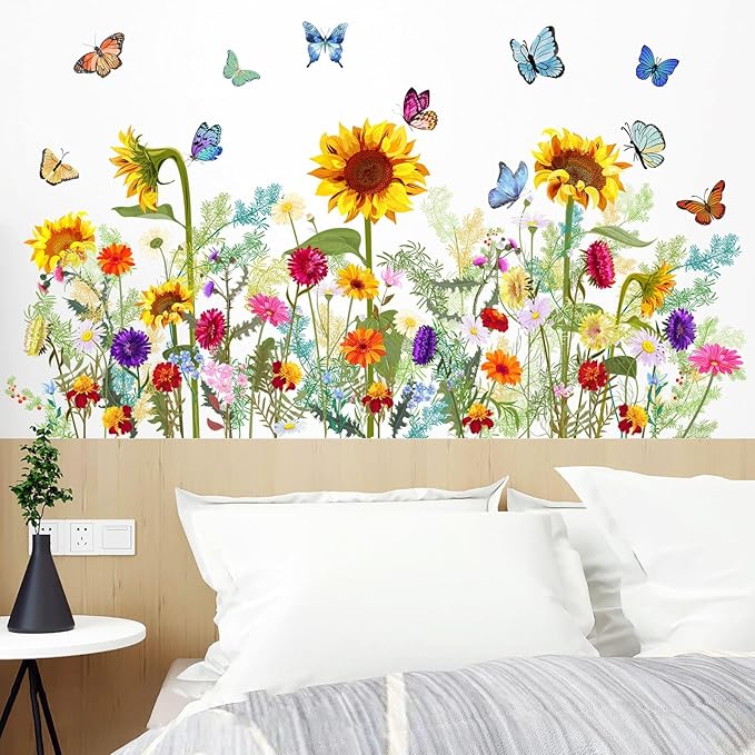 Flowers Vine Wall Stickers Sunflowers Daisy Wall Decals for Living Room, Butterfly Decor Posters Colorful Floral Wall Stickers Chrysanthemum Murals Decorations for Bedroom Office