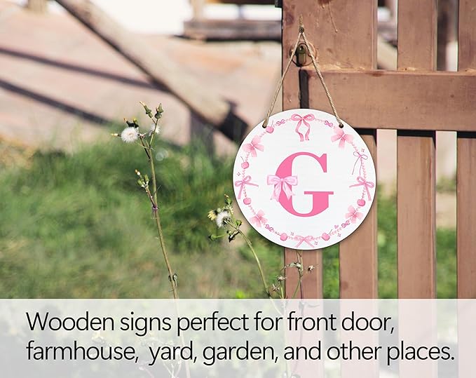 Monogram Round Sign For Front Door, Cherry Bow Theme Sign For Porch Art Wall Door, Initial Signs Hanging Ornament For Indoor Outdoor, Decorations Gifts For Four Seasons Rustic Home Kitchen, G, A07