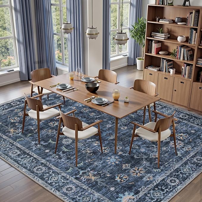 Tangsoo 5x8 Blue Area Rug, Washable Vintage Floral Large Rug Non Slip, Low Pile Stain Resistance Distressed Retro Indoor Boho Carpet for Bedroom Living Room Laundry Dinning Room Mat Home Decor