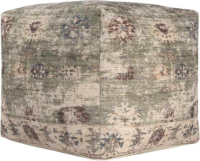 LR Home Grace Vintage Floral Sage Green Square Indoor Medium Pouf Ottoman | Power-Loomed Polyester Pouf Foot Rest for Bedroom & Living Room Decor | 18 x 18 x 18 Stuffed Ottoman for Seating