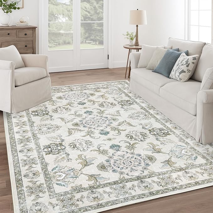 9x12 Washable Area Rugs Beige and Sage Green Vintage Boho Floral Farmhouse Rug for Living Room Bedroom, Non Slip Low Pile Carpet
