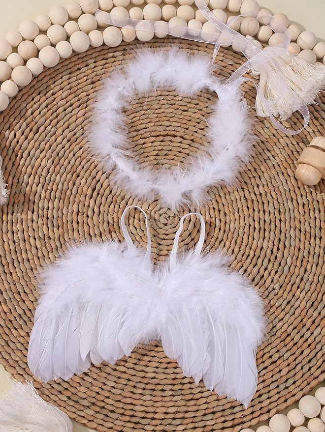 Holibeat 0-6M Newborn Baby Angel Wings with Feathers Newborn Photography Posing Props with a Headband (white1)