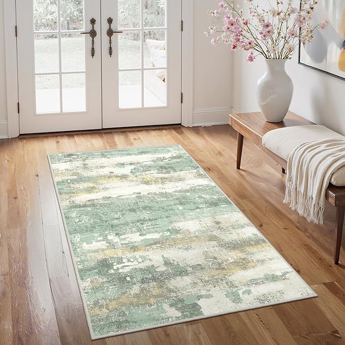 GENIMO 3x5 Rug for Entryway Washable Area Rug, Modern Abstract Small Rugs for Entrance Living Room, Bedroom Beside Rugs, Non-Slip Low Pile Lightweight Soft Carpet, Light Green