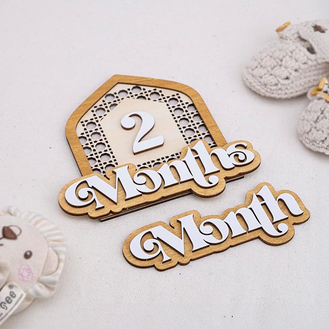 Wooden Baby Monthly Milestone Set with Patterned House Frame, 3D Layered Numbers and Months Sign, Natural Wood Newborn Photo Prop for Baby Monthly Pictures