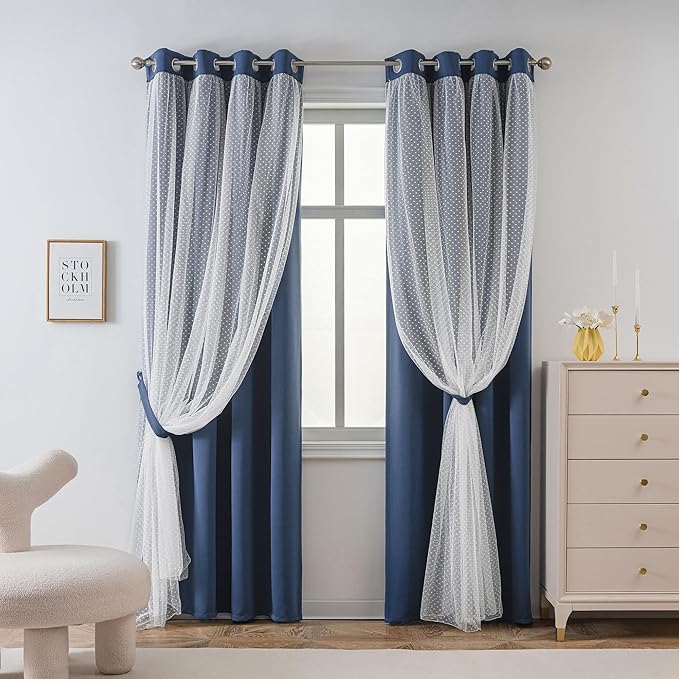 MYSKY HOME Navy Blue Blackout Curtains for Girls Bedroom & Nursery Kids Cute Curtains Double Layer with Polka Dots Sheer, Grommet Tops, 52x84 Inch Each Panel, 2 Panels