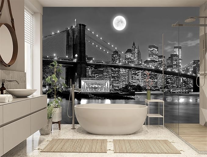 XMPMBM-Grey City Night View The Moon Nursery Room Fabric Wallpaper Living Room Bedroom Bathroom Wall Mural-W 88" X H 59"（36 Square Foot）