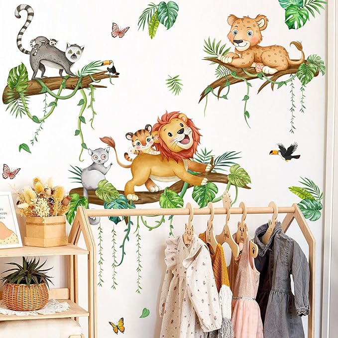 Jungle Animals Wall Decals - Peel & Stick Lion Leopard Climbing Tree Cartoon Wall Stickers for Nursery Kids Bedroom Playroom Classroom Decor
