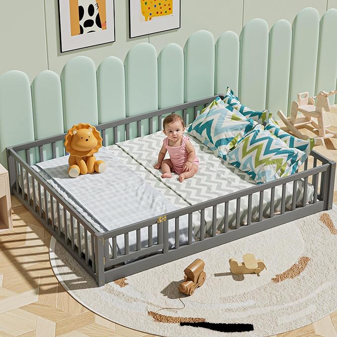 i-POOK Queen Floor Bed for Children, Sturdy Wood Montessori Bed Frame with Wood Slats, Fence & Door, Montessori Floor Bed for Girls and Boys, Gray