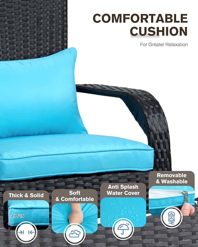 Outdoor Rocking Chair- Outdoor Glider Teal Rattan Rocking Chair with Heavy Duty Steel Frame- All Weather Rocker Chair for Garden, Porch, Backyard, Poolside (Black Rattan, 320lbs)