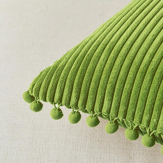 Fancy Homi Pack of 2 Lime Green Lumbar Decorative Throw Pillow Covers with Pom-poms, Soft Corduroy Solid Rectangle Cushion Cases Set for Couch Sofa Bedroom Car Living Room (12x20 Inch/30x50 cm)