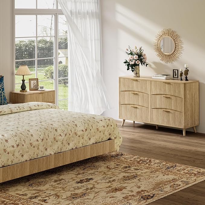 Evermagin 55" Wide Fluted 6 Drawer Dresser, Mid Century Modern Curved Dresser, Light Wood Chest of Drawers for Bedroom, Living Room and Entryway, Natural Oak
