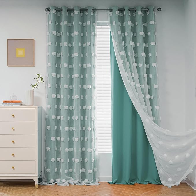 MYSKY HOME Room Darkening Curtains White Sheer Pom Pom Curtains for Living Room Teal Blackout Curtains for Sliding Door Decor Drapes Double Layer Window Panels Boys Bedroom Grommet Set of 2 W52 X L95
