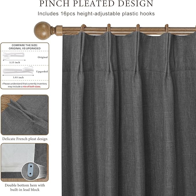 IVAPUPU Linen Pinch Pleated 100% Blackout Curtains for Bedroom - 2 Pages Black Out Grey Curtains 84 Inch Long 2 Panel for Living Room Darkening Thermal Window Curtain Drapes with 16pc Hooks