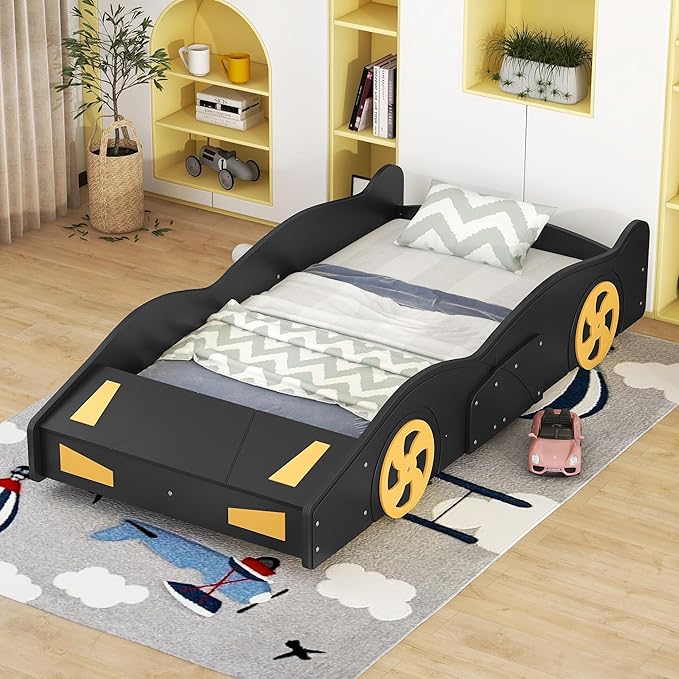 Twin Size Race Car Bed for Kids, Car-Shaped Bed Frame with Wheels and Storage Footboard for Boys, Wood Slats Support,No Box Spring Needed, Black+Yellow