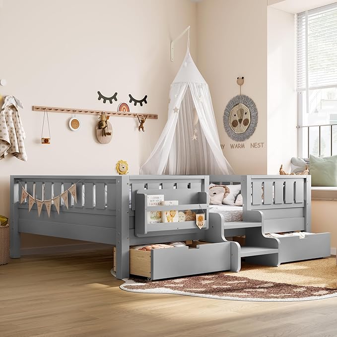 Bellemave Full Size Bed with Slats and Stairs, Full Size Platform Bed Frame with Fence, Bookshelf and Storage Drawers, Easy Assemble Beds for Kids, Girls, Boys, Gray