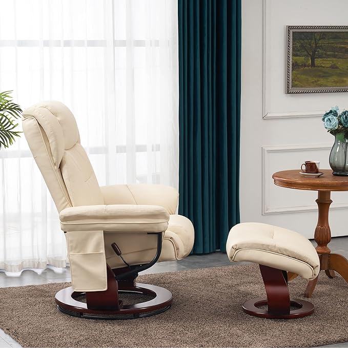 MCombo Swivel Recliners with Ottoman, Vibration Massage TV Chairs with Side Pocket, Faux Leather Ergonomic Lounge Chair for Living Room Bedroom 4734 (Cream White)