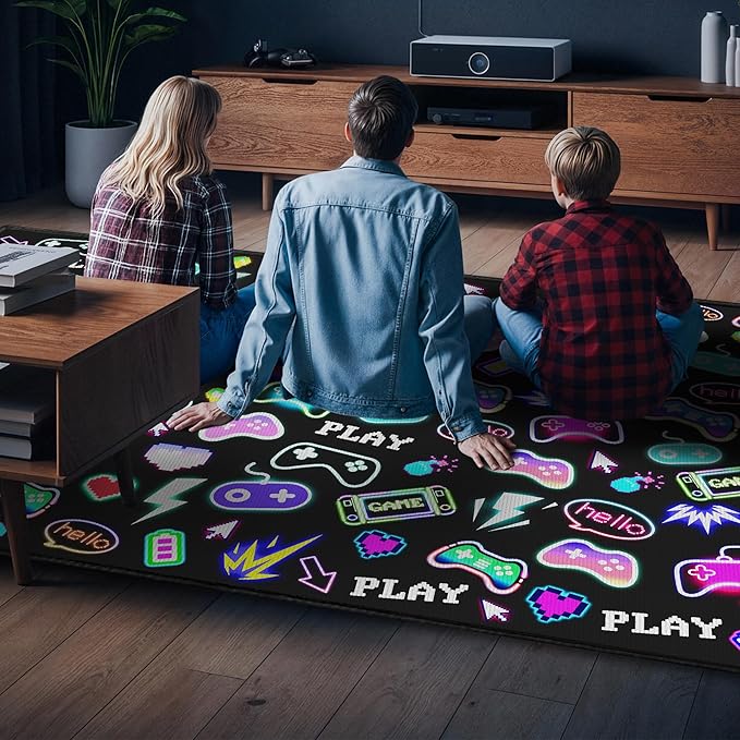 59"x39" Gaming Play Rug for Bedroom, Gaming Controller Mat Gamepad for Playroom, Gamer Décor for Game Lover Washable Carpet,Black