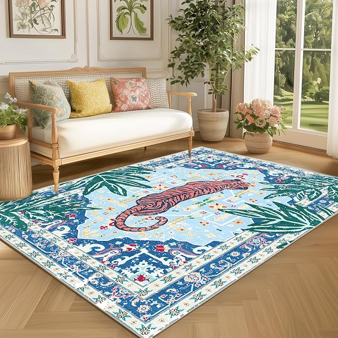 Washable Non-Slip 5x7 Blue Tiger Rug for Boys Room Bedroom Dining Room Boho Vintage Whimsical Animal Cheetah Print Jungle Rug Soft Cozy Tropical Woodland Carpet for Playroom Living Room