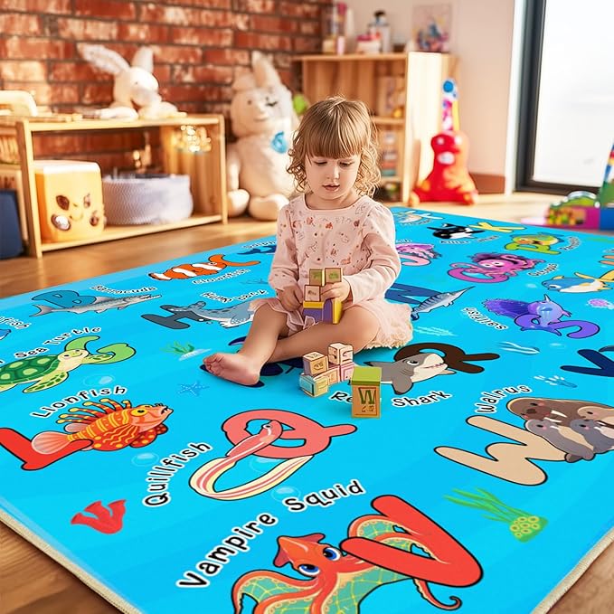 Kids Rugs for Playroom, 8x10 Ft Educational Rug for Learn The ABC Alphabet, Soft Machine Washable Non-Slip Cute Marine Organisms Carpet for Classroom Toddler Nursery Kids Room Decor, Blue