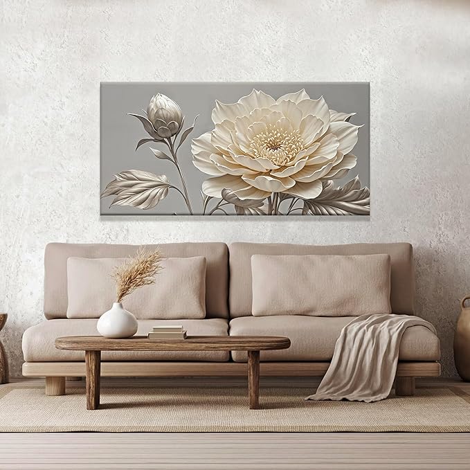 QSQ White Wall Art For Living Room Silver White Flower Wall Art Print Modern Canvas Art Wall Decor Home Decor Suitable Pictures For Bedroom Apartment Office Can Be Hung 24" X 48"