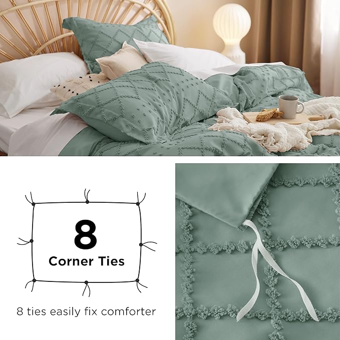 Bedsure Boho Duvet Cover Full Size - Green Breathable & Soft Boho Bedding, Machine Washable Comforter Cover for All Seasons, Includes 1 Duvet Cover 80"x90" with 2 Pillow Shams & Zipper Closure