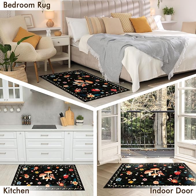 3x5 Machine Washable Area Rug, Non-Slip Small Vintage Floral Washable Rug for Girls, Low Pile Carpet for Living Room, Entryway, Bedroom & Dorm Room(3x5 Black Mushroom)