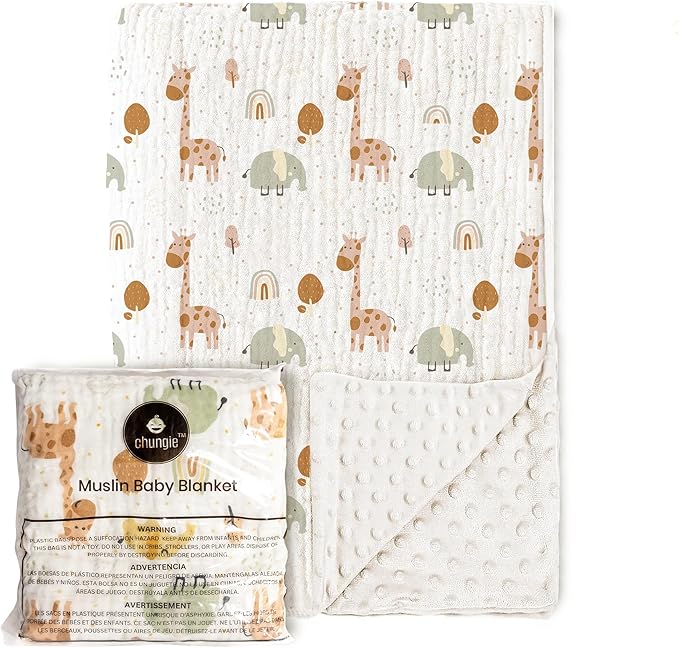 Chungie Soft Baby Blanket 40x30 inches – 100% Cotton Muslin Front & Plush Minky Fleece Back, Multi-Layer Blanket for Baby Boys & Girls, Nursery Bed Blanket, Newborn & Toddler Use