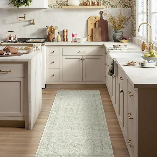 Sage Green Washable Bathroom Hallway Runner Rug Non Slip Vintage Boho Floral Long Runners Rugs for Entryway Indoor Laundry Room Bath Floor Kitchen,2x6