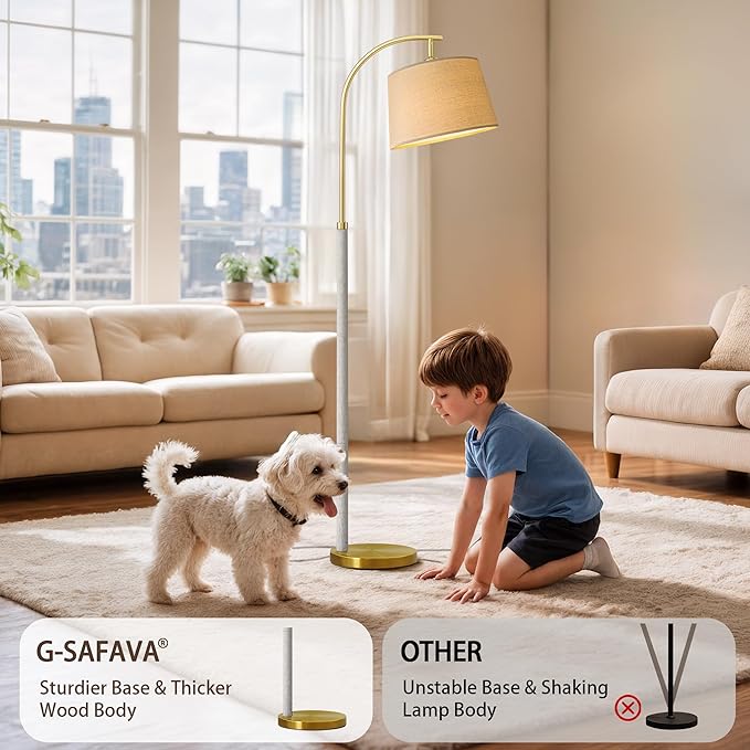 63" Wood Floor Lamp for Living Room Dimmable Standing Lamp with Remote & Foot Switch, 3 Color Temperatures Tall Lamp Mid Century Modern Floor Lamp for Bedroom Office, 9W Bulb Included, White