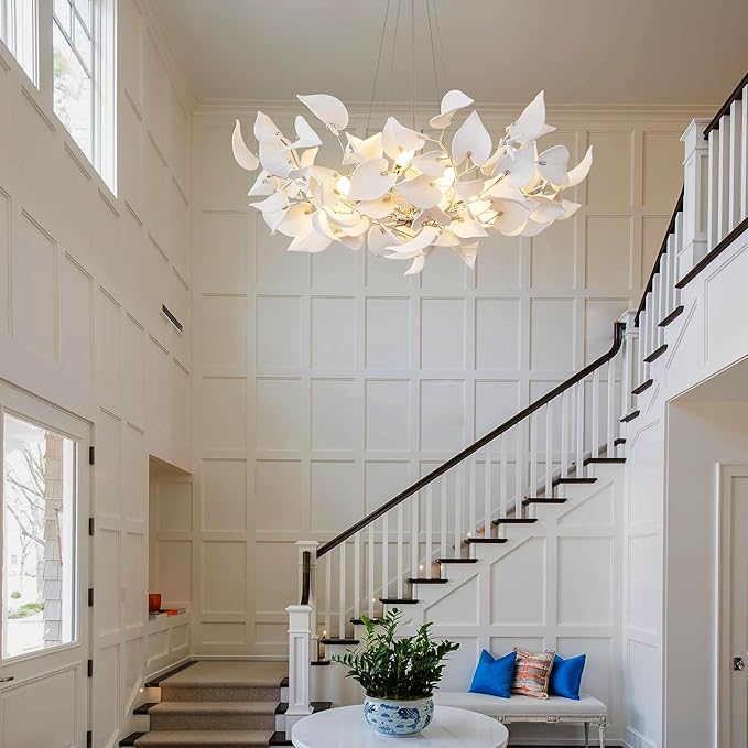 YUYI 39.4" Silver Tree Branches Chandelier, Ceramic Ginkgo Leaf Chandelier, Modern Round Chandeliers for Dining Room, Living Room Over Table, Kitchen, Foyer, Bedroom, Elegant Art Deco