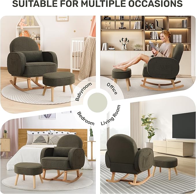 Rocking Chair with Ottoman, Nursery Glider Rocker with High Backrest and Side Pocket, Teddy Rocking Accent Armchair with Solid Wood Legs for Nursery, Living Room, Bedroom Green