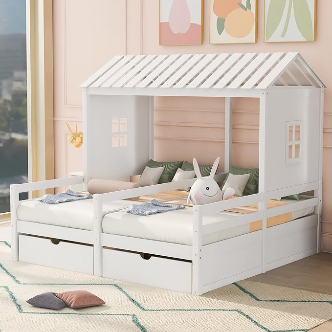 P PURLOVE Twin Double Shared Bed,Twin Size House Platform Beds with Two Drawers for Boy and Girl Shared Beds, Montessori House Bed Frame Combination of 2 Side by Side Twin Size Beds,White