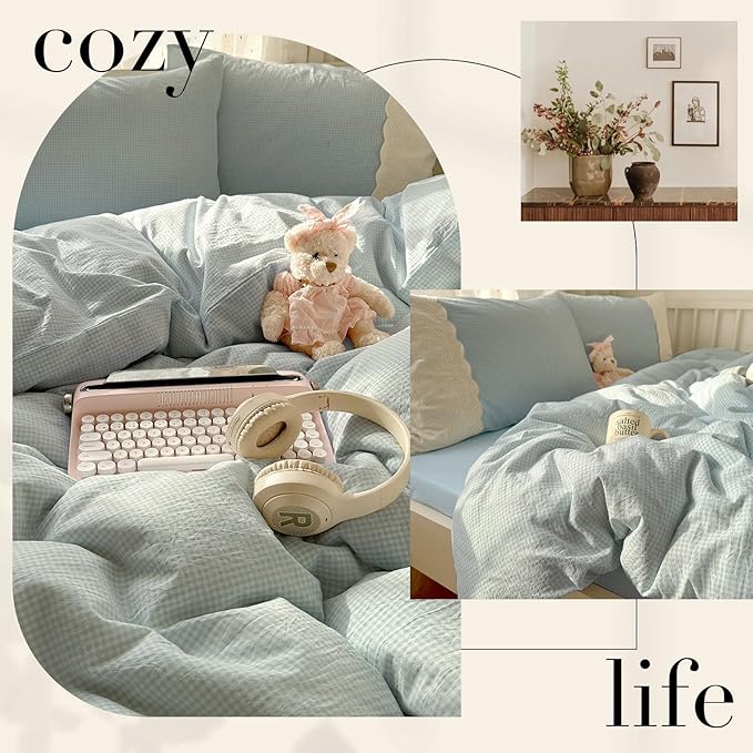 LifeTB Blue Gingham Duvet Cover Full 3 Pieces Blue Plaid Comforter Cover with Chic White Lace Soft Microfiber Checkered Grid Duvet Cover with 2 Pillowcases Breathable Gingham Plaid Bedding Set