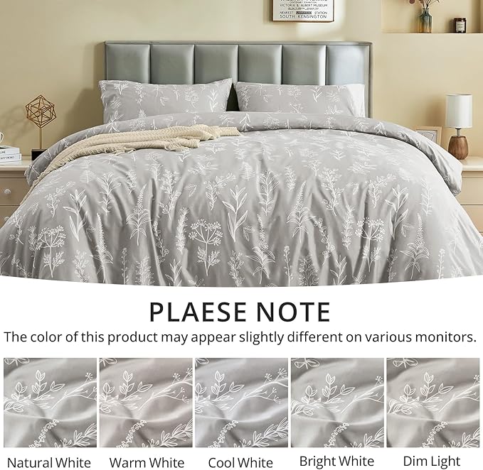 MUXHOMO Duvet Cover King Size, Reversible Floral Silver Gray Duvet Cover Set with Zipper Closure, 3 Pieces Botanical Patterns Soft Microfiber Bedding Set with 4 Ties (90"x104", 2 Pillow Cases)