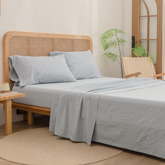 BESTOUCH Sheet Set 100% Washed Cotton Linen Feel Super Soft Comfortable Chic Lightweight 3 Pcs Home Bedding Set Solid Cornflower Blue Twin