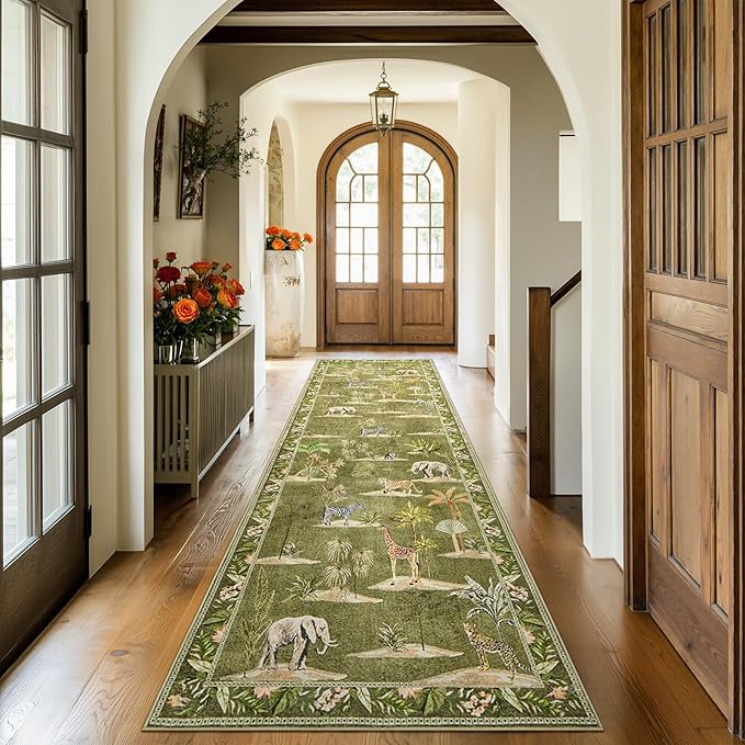 jinchan 3x10 Runner Rug Green Jungle Animals Print, Modern Hallway Washable Runner Rug Kitchen Ultra-Thin Low-Pile Non-Slip Soft Botanical Accent Christmas Carpet for Living Room (3'x10', Green)