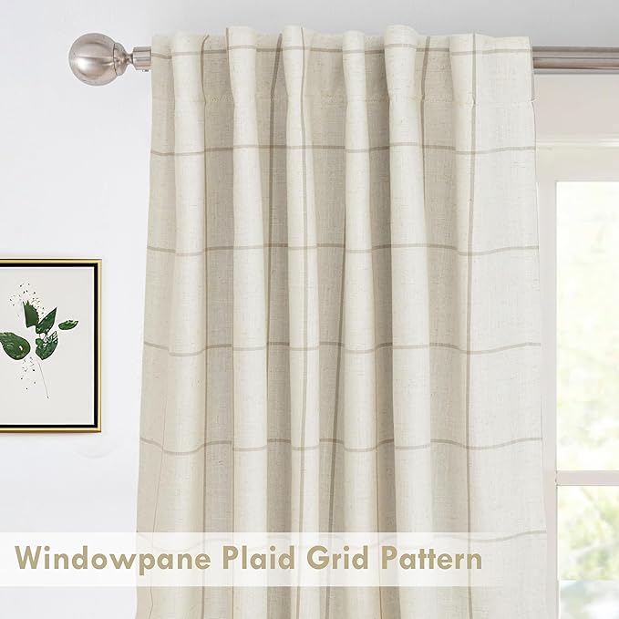 DriftAway 2 Panels 100% Blackout Windowpane Plaid Linen Curtains Double Layer Drapes for Bedroom 96 Inches Long Farmhouse Thermal Insulated 3.25 Inch Rod Pocket Back Tab for Living Room Taupe