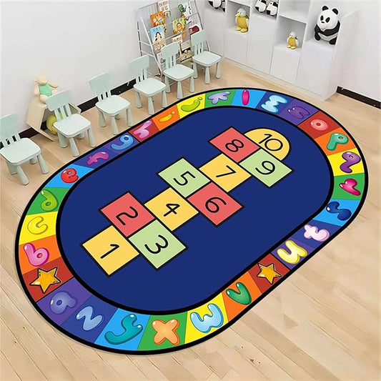 Hopscotch Rug, 5x6ft, Kids Play Oval Rug for Boys & Girls, Colorful Alphabets Educational Game Carpet, Soft Non-Slip Machine Washable Rug for Classroom Toddler Room
