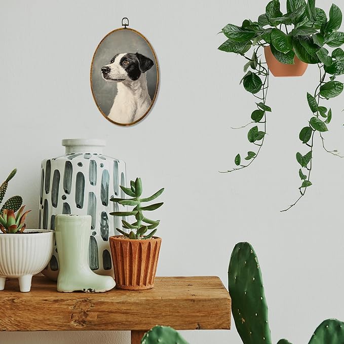 Hiuwevt Vintage Dog Oval Wall Art Decor, Antique Dog Gifts Framed Canvas Prints, Rustic Retro Puppy Oval Wall Hanging Decor for Home Gallery Decorations, 8.6x11.4 Inches