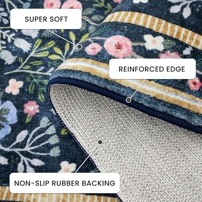 Area Rugs for Living Room 8x10, Washable Non-Slip Thin Floral Vintage Boho Rug for Bedroom Dining Room Office, Nursery Rug Indoor Lightweight Carpet, Blue/Multi